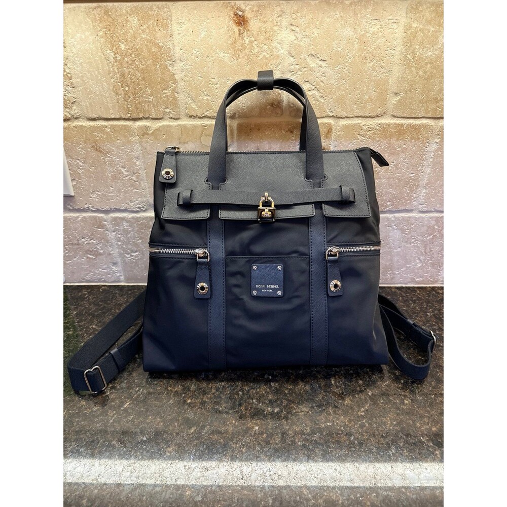 Henri Bendel Jetsetter 3-Way Backpack Tote Shoulder Bag Black Gold Hardware